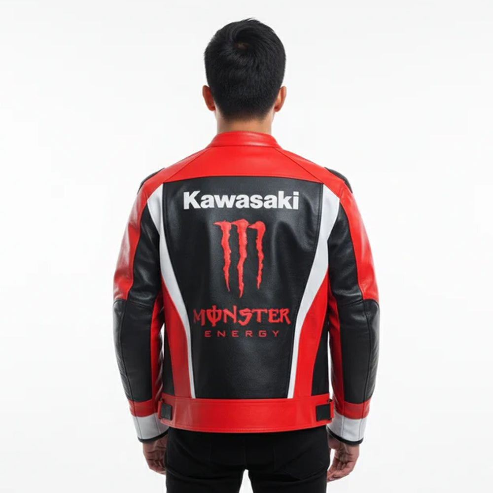 Rear view of the Kawasaki Monster Energy jacket featuring the iconic red claw logo and Kawasaki branding on the back.