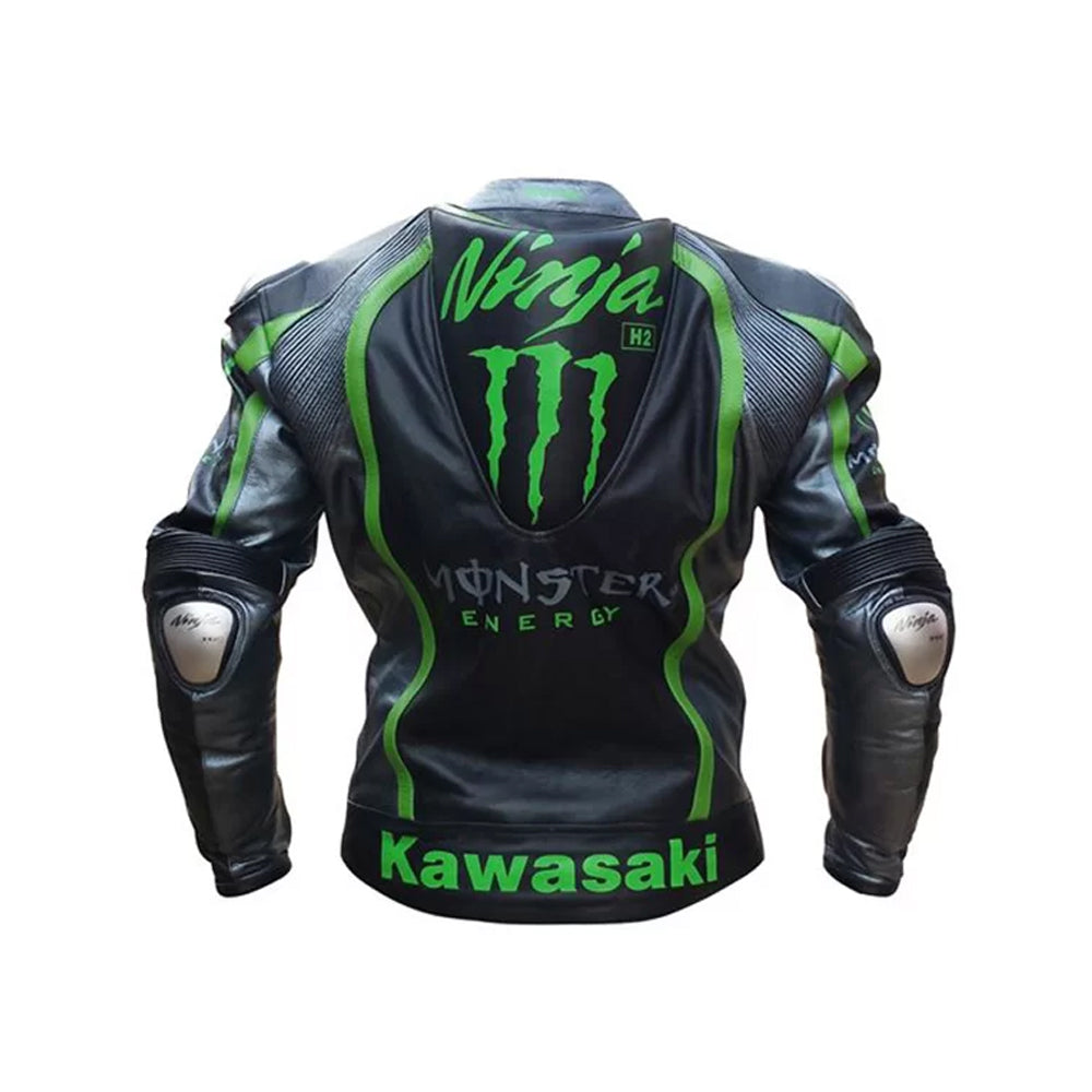 Rear view of the Kawasaki Monster Energy jacket showing the aerodynamic speed hump and large Ninja H2 graphics on green leather.