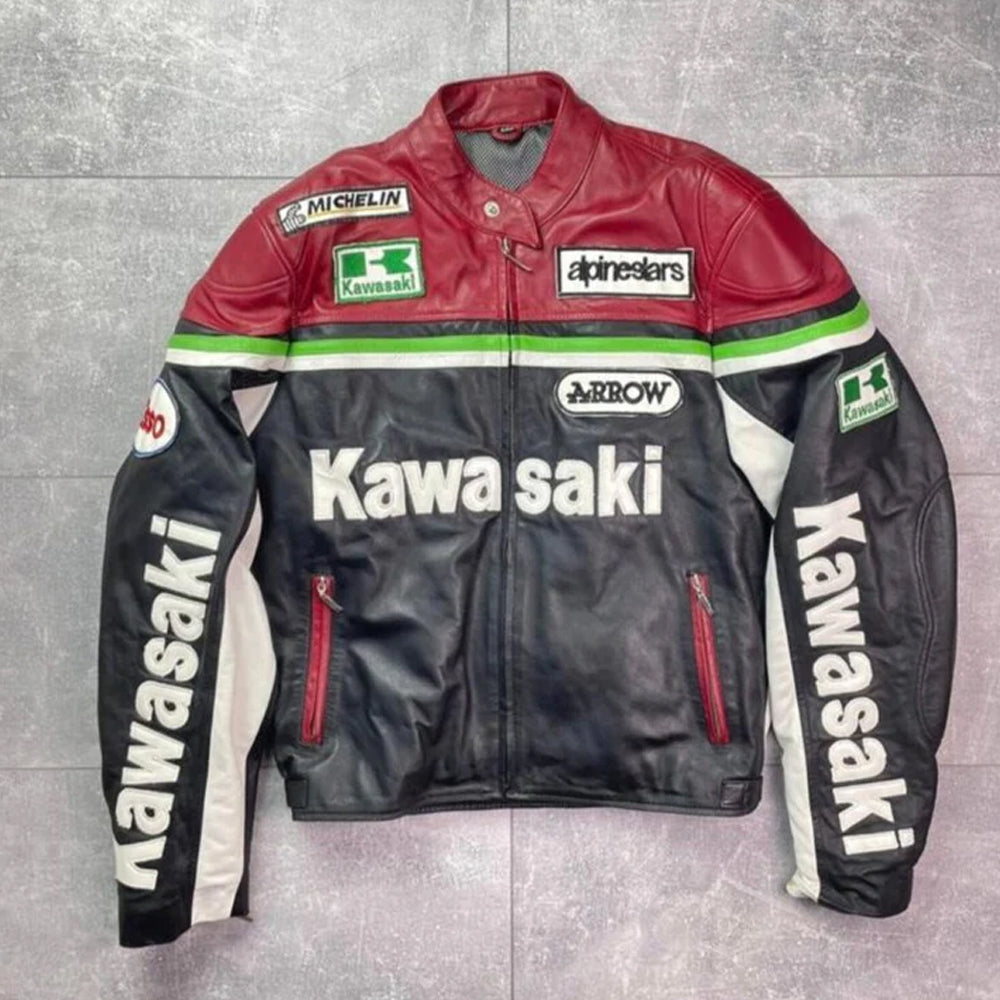 Detailed shot of the front chest area of the Kawasaki racing jacket highlighting the YKK zipper and vintage sponsor patches.
