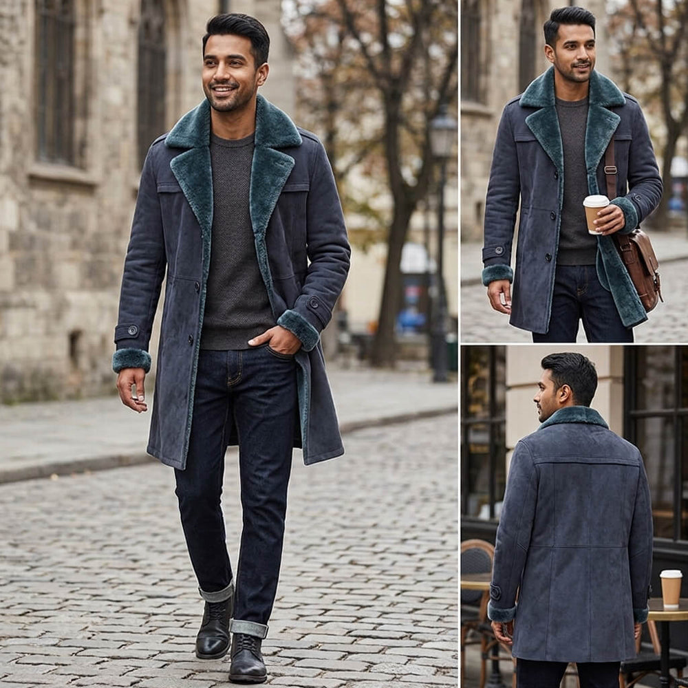 Man wearing blue shearling leather coat with fur collar over jeans, street style outfit
