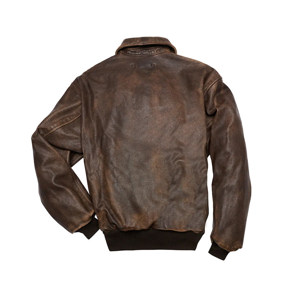 Flat lay rear view showing seamless back panel and stretch-ribbed hem of men's A-2 distressed goatskin bomber.