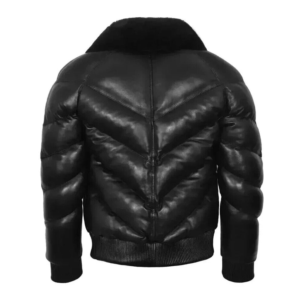 Rear view of the black leather ACE V-bomber puffer coat with black shearling collar showing chevron quilting panels.