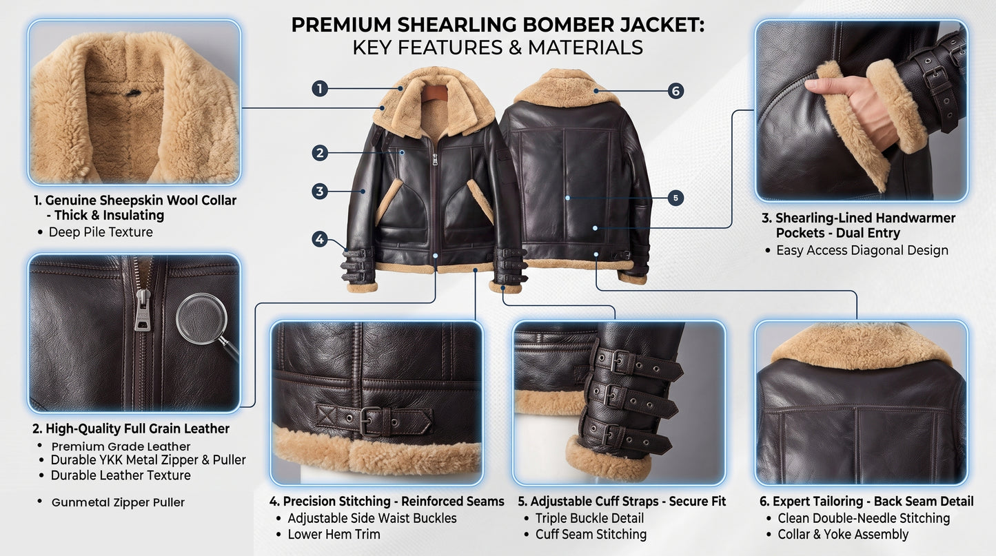 Infographic diagram highlighting key features of men's dark chocolate B3 shearling bomber jacket including sheepskin wool collar, full-grain leather, dual-entry pockets, triple-buckled cuffs, and adjustable waist straps.