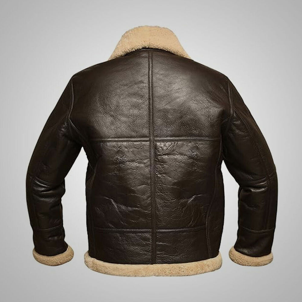 Back view of men's B3 shearling leather coat showing multi-panel spine seams and cream fur bottom hem
