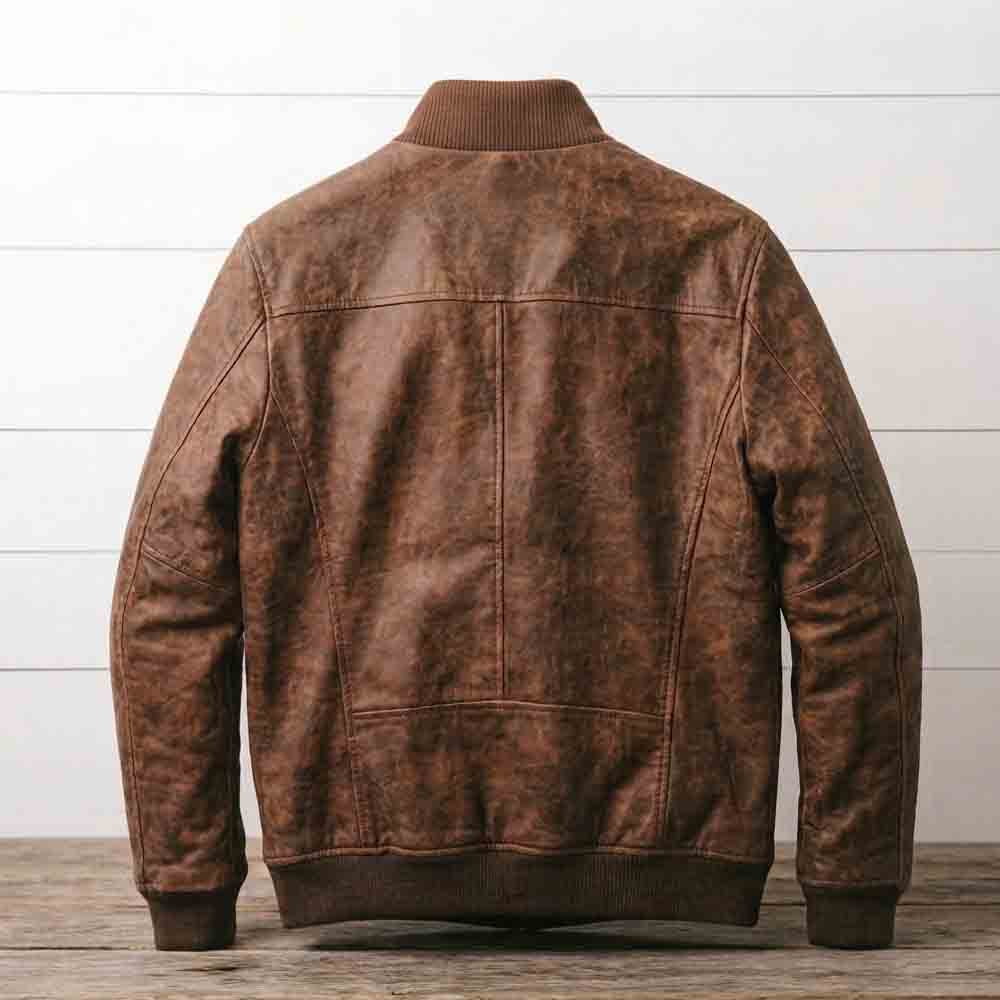 Back view of men's distressed brown bomber leather jacket featuring ribbed collar, cuffs, and hem, standing on a wooden surface.