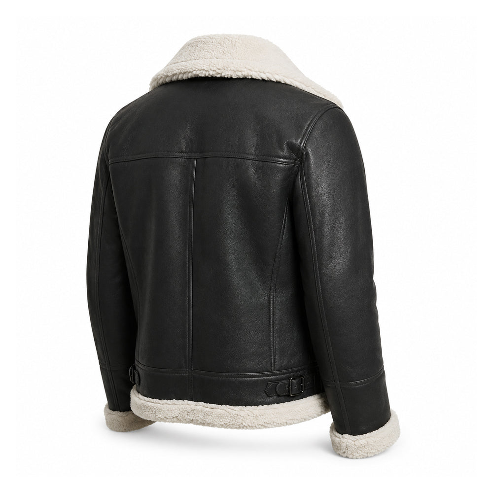 Rear three-quarter view of men’s charcoal shearling bomber jacket with ivory trim and adjustable buckle side tabs