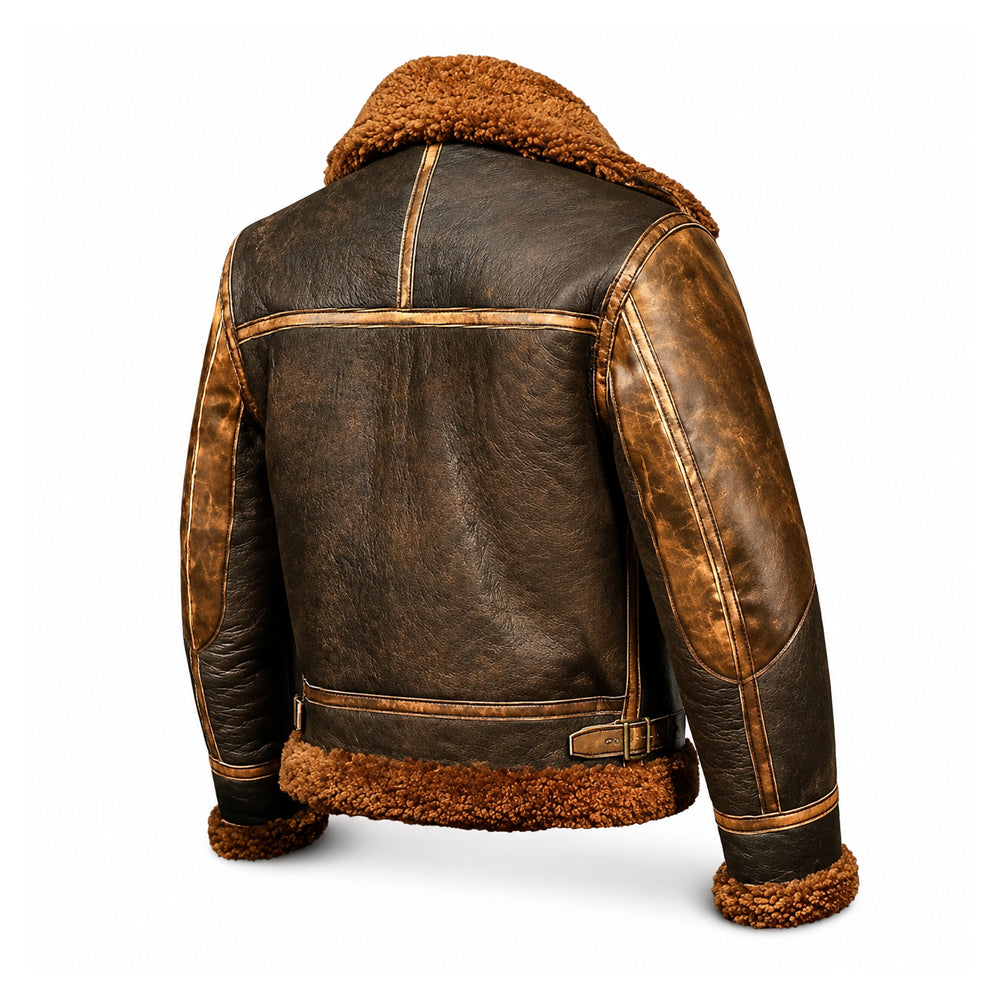 Rear three-quarter view of men’s distressed sheepskin flight jacket with contrast seams and adjustable side buckle