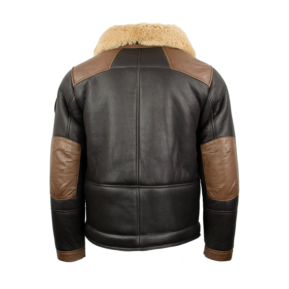 Back view of men’s black full-grain leather shearling jacket with brown shoulder and elbow reinforcement panels