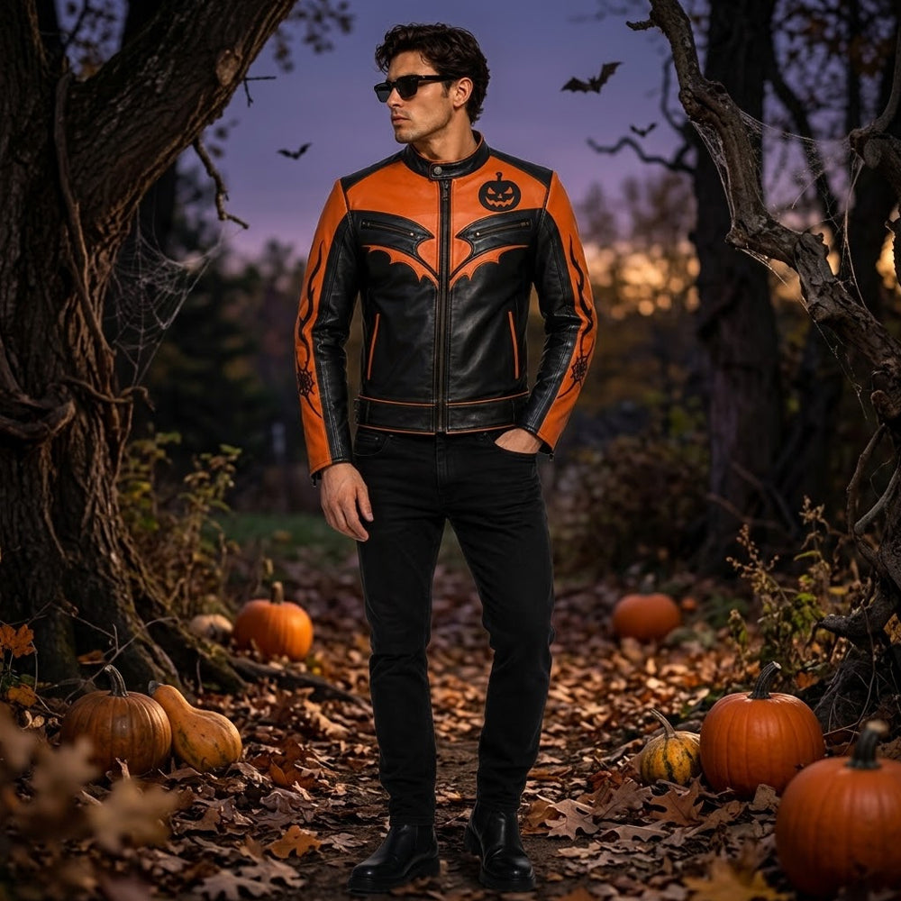 Man wearing orange and black pumpkin leather biker jacket in a Halloween woodland setting