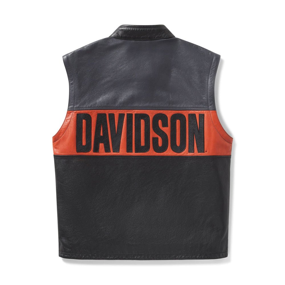 Back view of Harley-Davidson block font Davidson orange leather vest.
