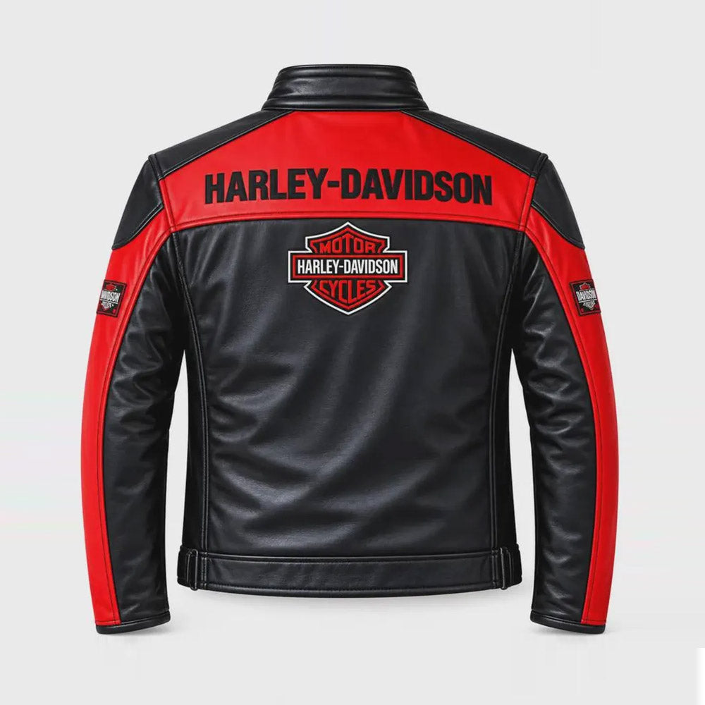 Back view of men's Harley-Davidson red and black leather biker jacket with Bar and Shield logo