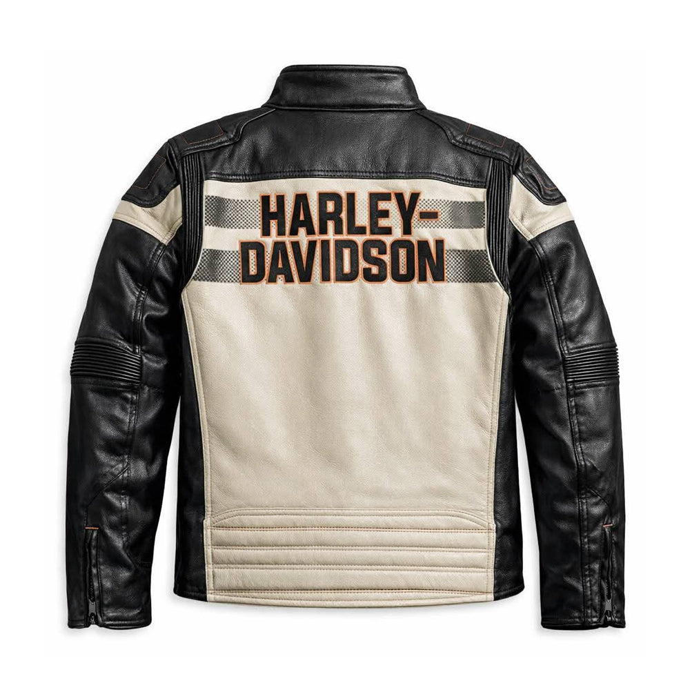 Back view of men's Harley Windale colorblock cream leather jacket.