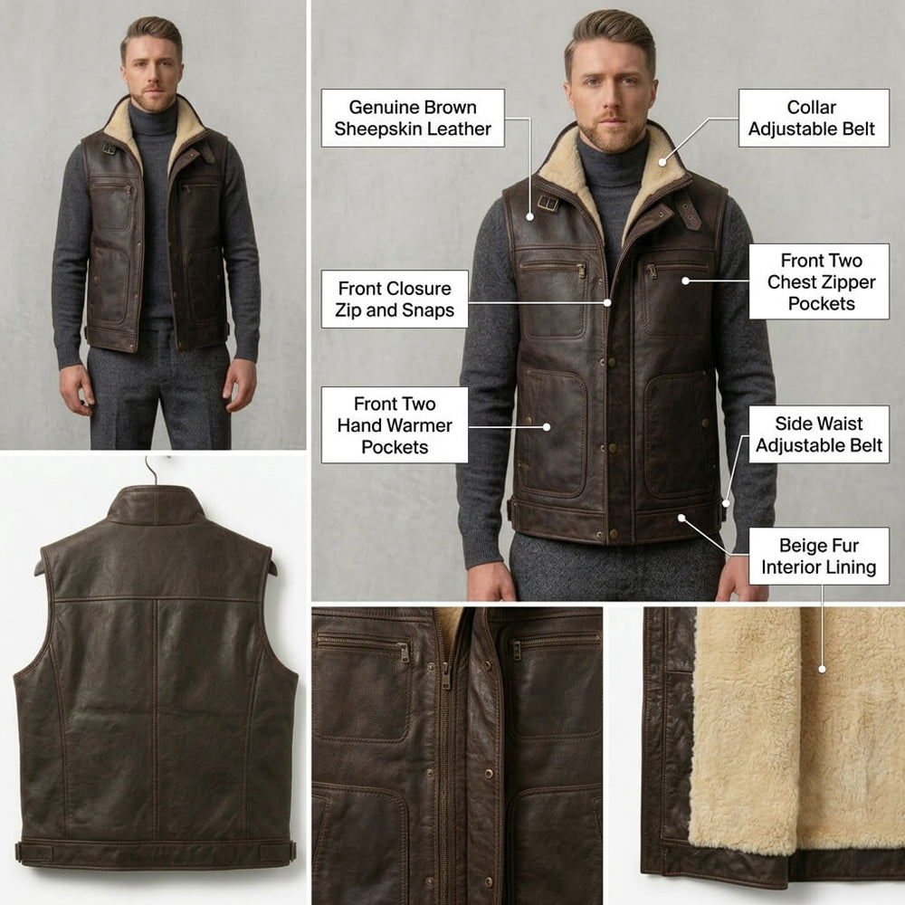 Infographic showing features of the brown leather biker vest: sheepskin leather, shearling lining, pockets, buckles.