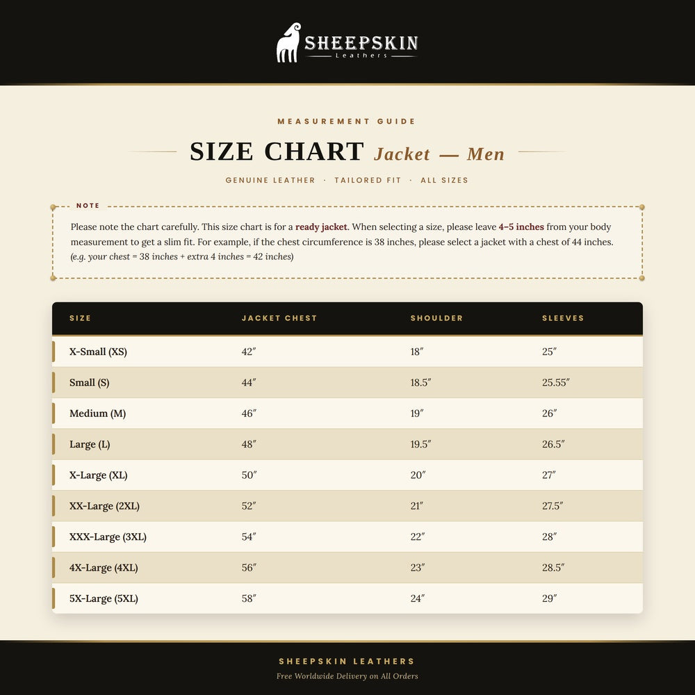 Men's sheepskin leather coat size chart showing chest, shoulder and sleeve measurements