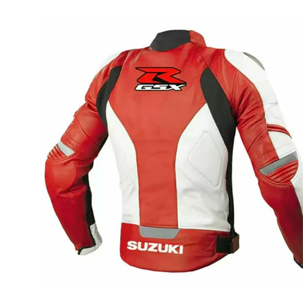 Back View of Red Suzuki Cowhide Jacket with Large Red GSX-R Graphic
