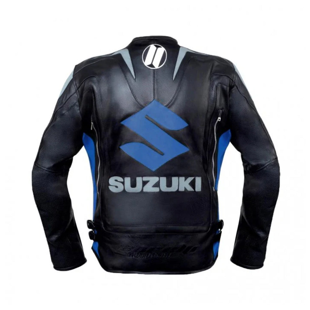 Back of Suzuki Racing Leather Jacket with Large Blue Suzuki Logo
