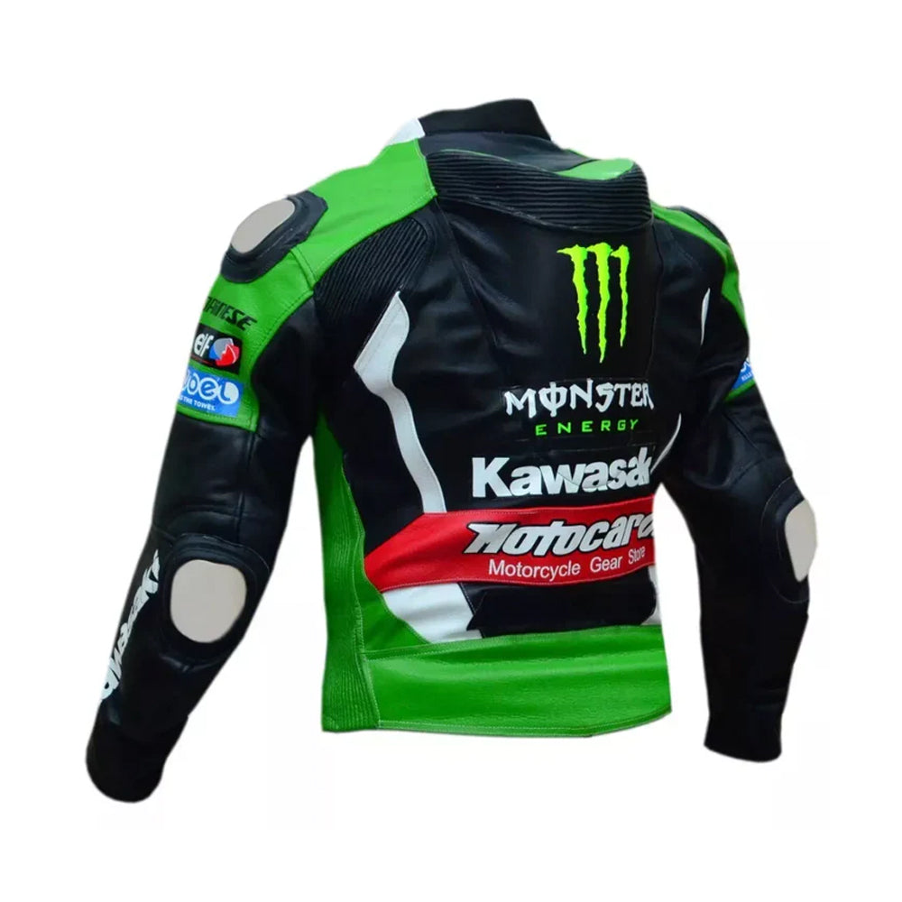 Rear view of the Kawasaki Monster Energy racing jacket showing the aerodynamic speed hump and large Motocard branding.