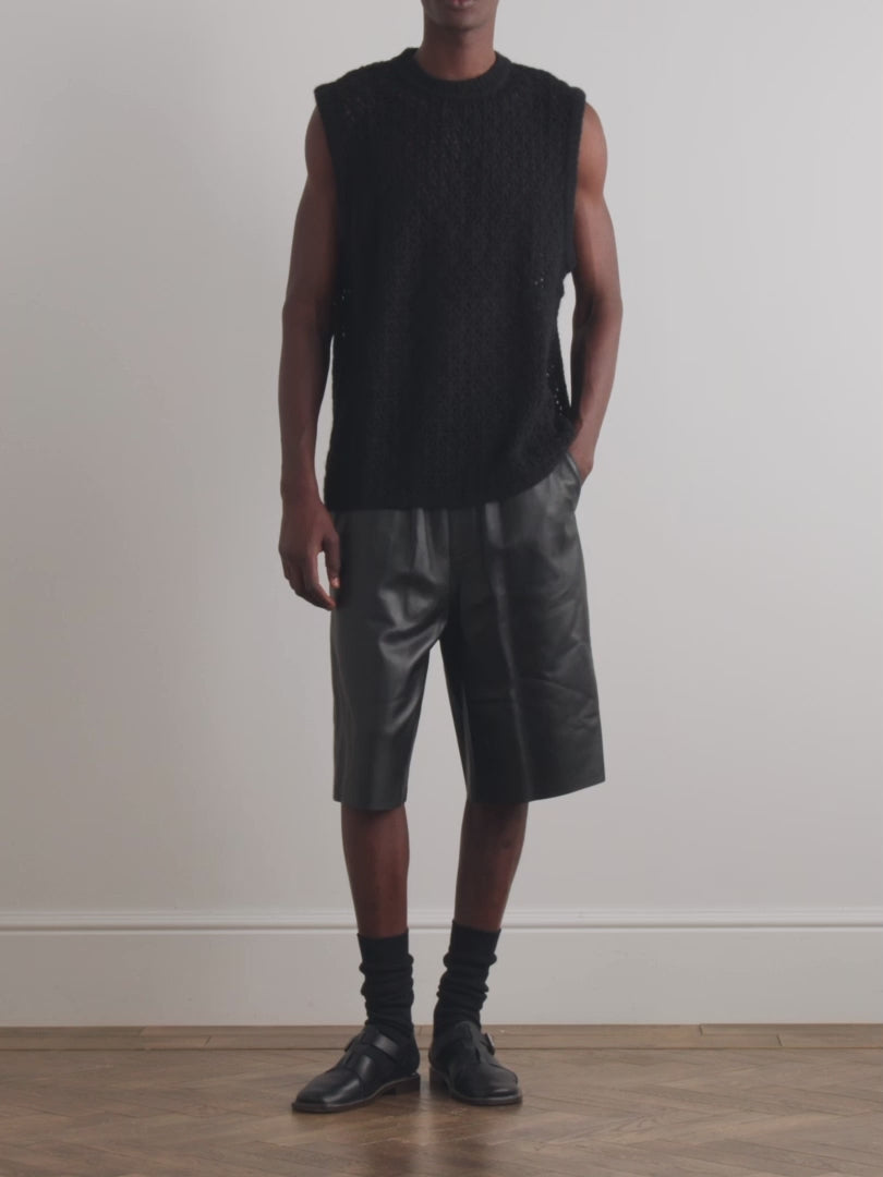 New Men's Black Straight-Leg Sheepskin Shorts