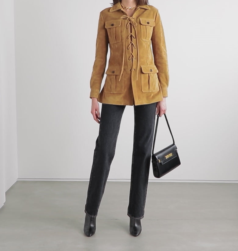Women New Western Lace-up camel Brown Suede Jacket