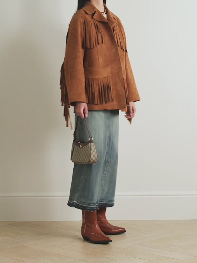 New Women Brown Cowboy Fringe Leather Suede Jacket