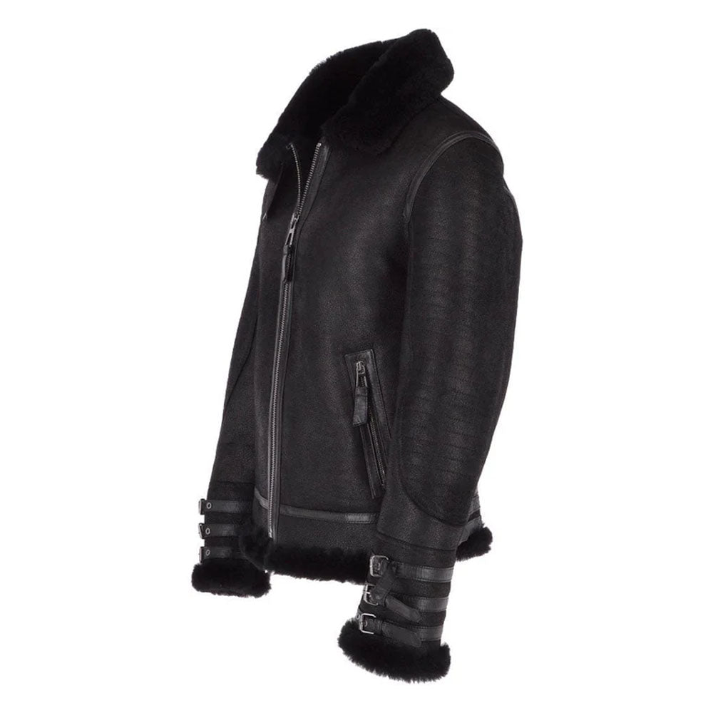 Men Black Aviator Flying Bomber Shearling Leather Jacket