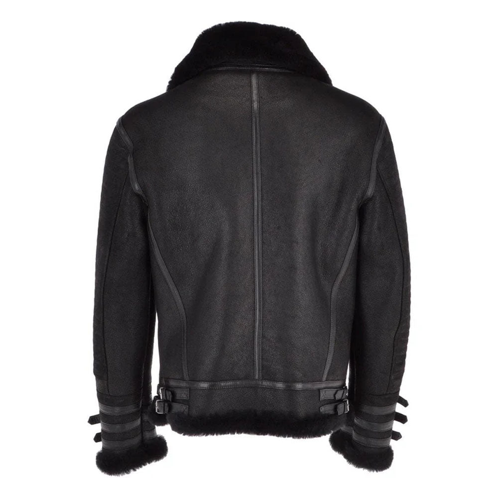 Men Black Aviator Flying Bomber Shearling Leather Jacket