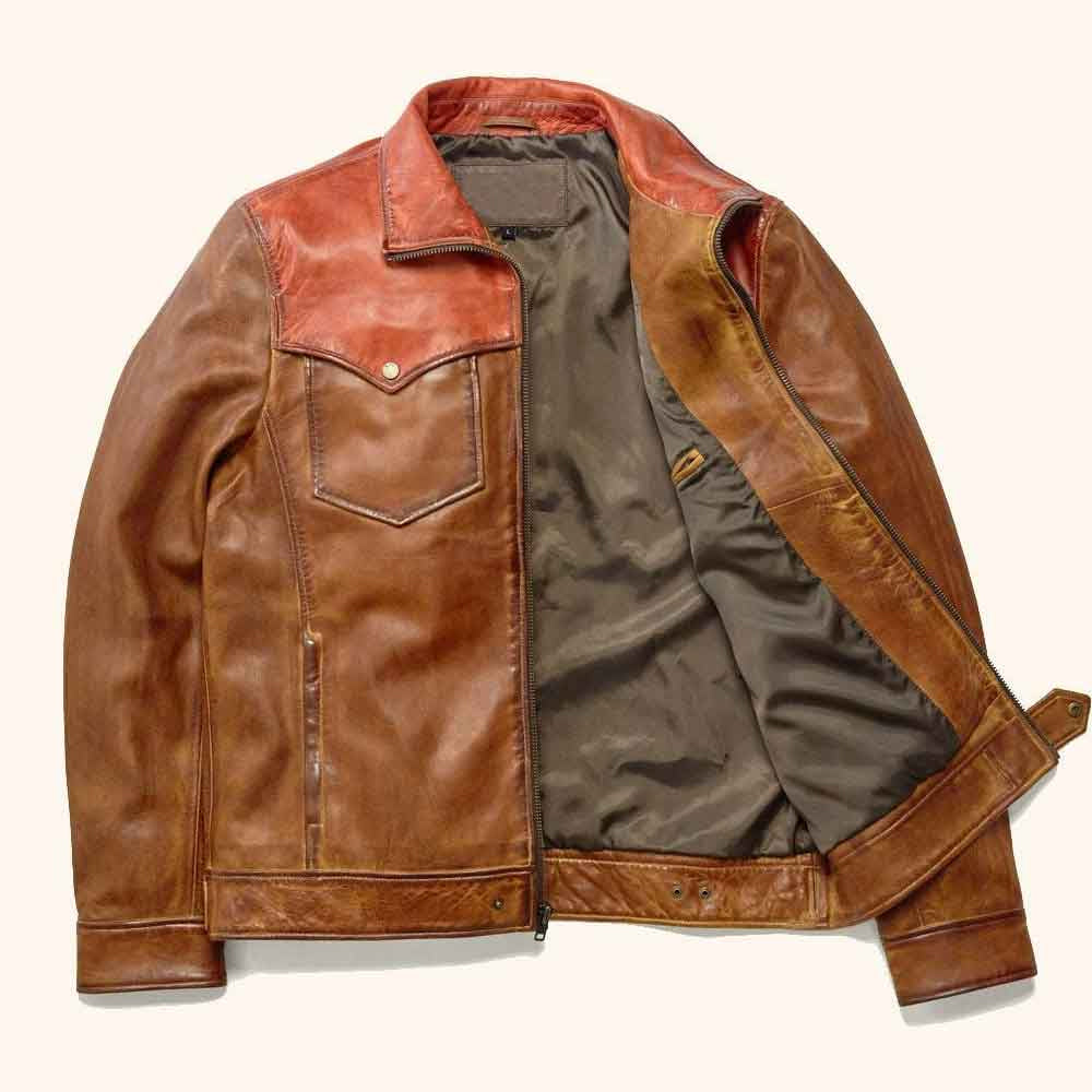 Open two-tone cowhide utility jacket displaying smooth viscose lining, interior welt pocket and snap waist adjustments