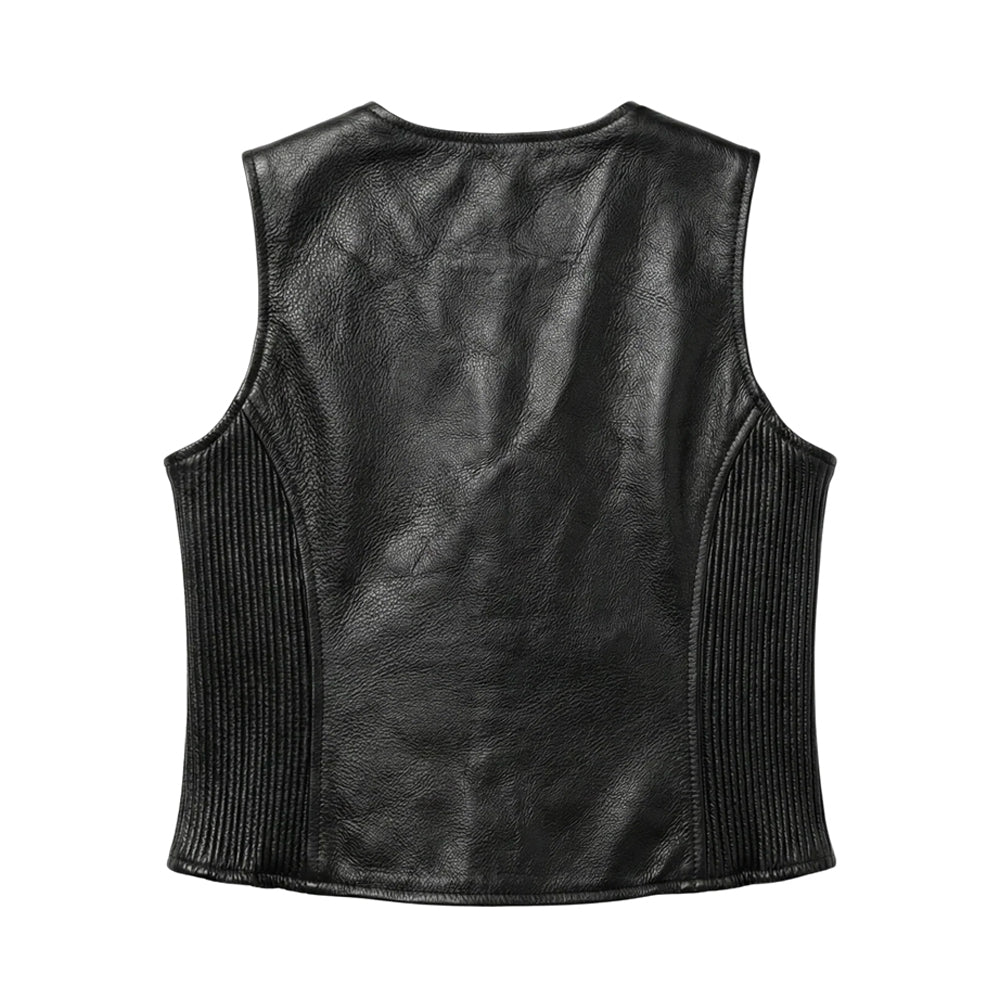 Back view of women’s fitted black leather waistcoat showing broad sheepskin panel and full-height ribbed stretch side gussets