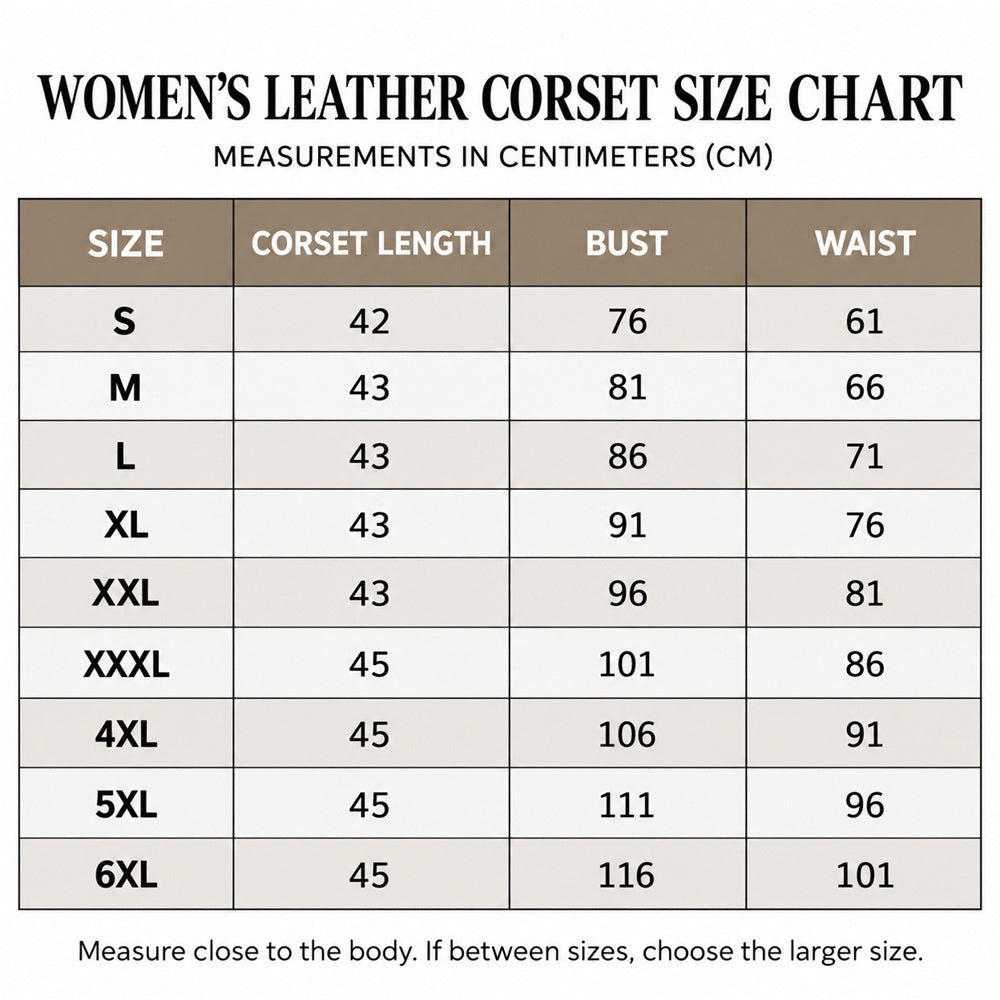 Women’s leather corset size chart in centimeters for S to 6XL with corset length, bust and waist measurements