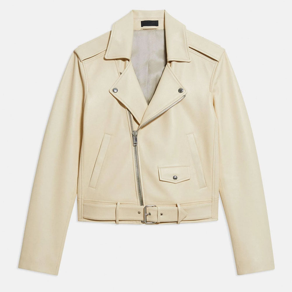 Off White Women Motorbike Goatskin Leather Biker Jacket