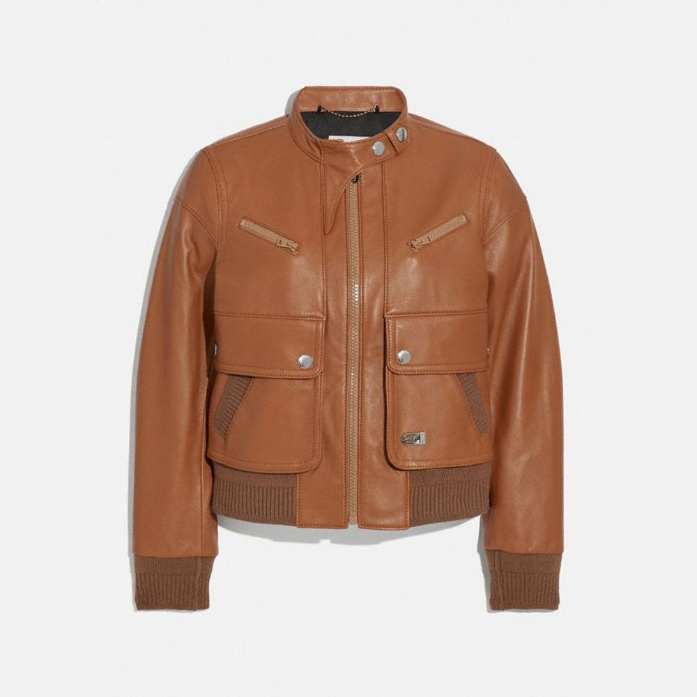Brown Women Sheepskin Shearling Leather Bomber Jacket