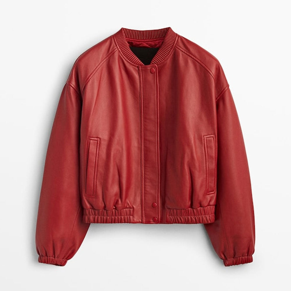 Women Red Button Shearling Leather B3 Bomber Leather jacket