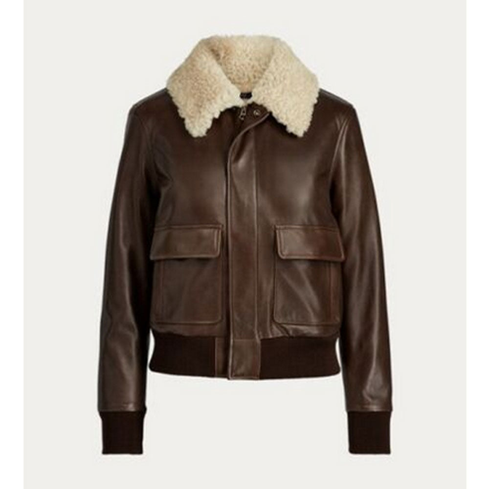 New Brown Cowhide Leather Womens Aviator Shearling Sheepskin Leather Jacket