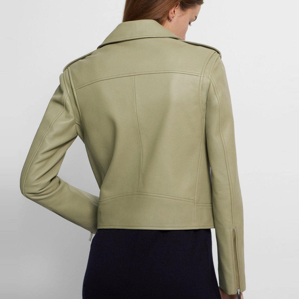 New Women Green Sheepskin Motorbike Riding Leather Jacket