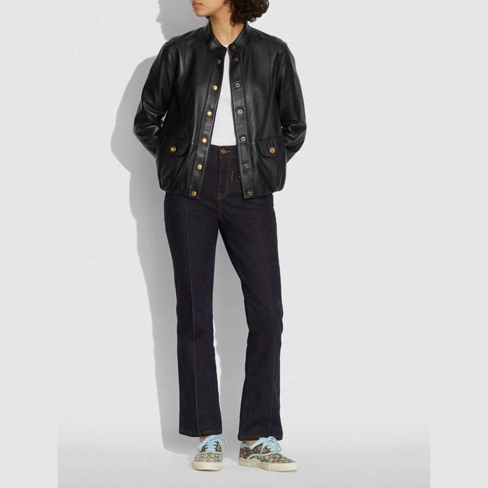 Women Black Shearling Button Leather Motorbiker bomber jacket