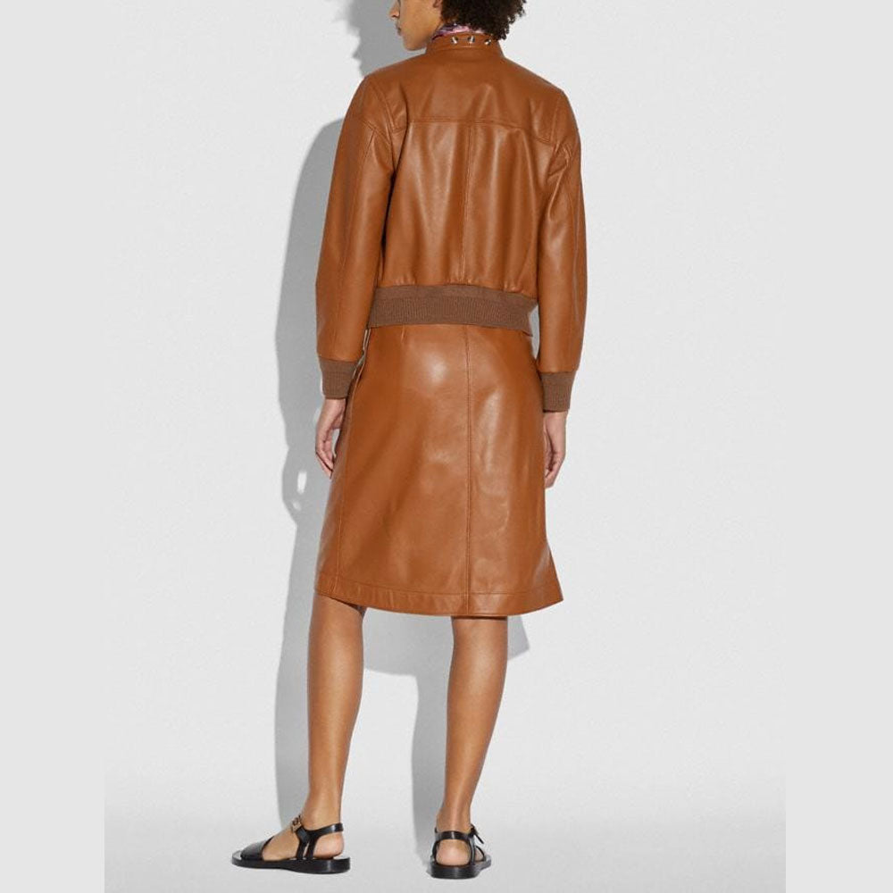 Brown Women Sheepskin Shearling Leather Bomber Jacket