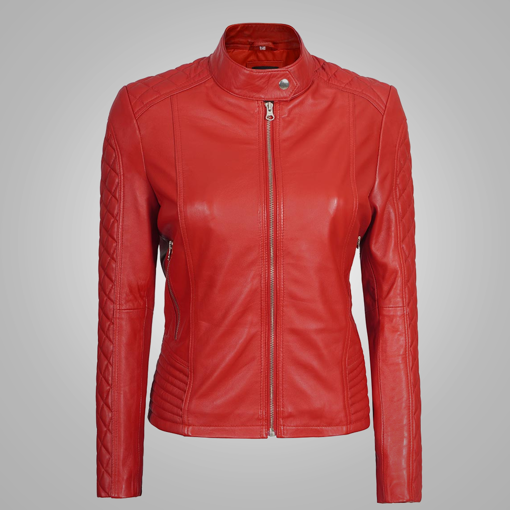 Women Red Genuine Leather Motorcycle Biker Jacket