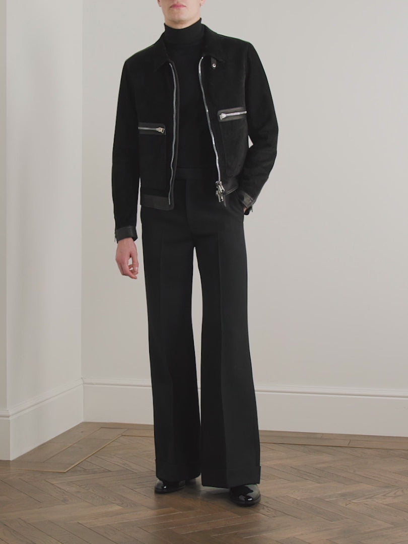 Men Black Suede Bomber Trimmed Sheepskin Leather Jacket