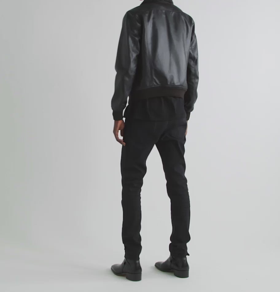 Black leather jacket with fur collar, 
Sheepskin bomber jacket, 
Men's aviator jacket.