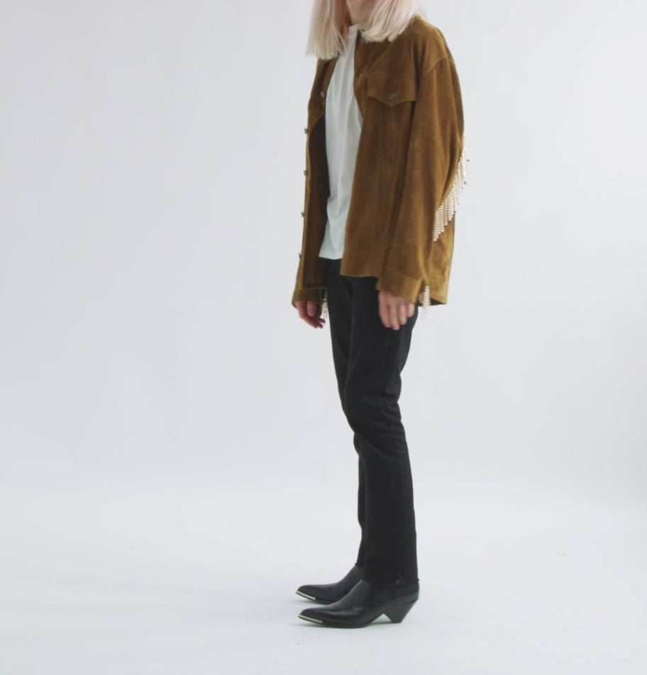 Brown Trucker Cowboy Faux Pearl Sheepskin Suede Leather Jacket