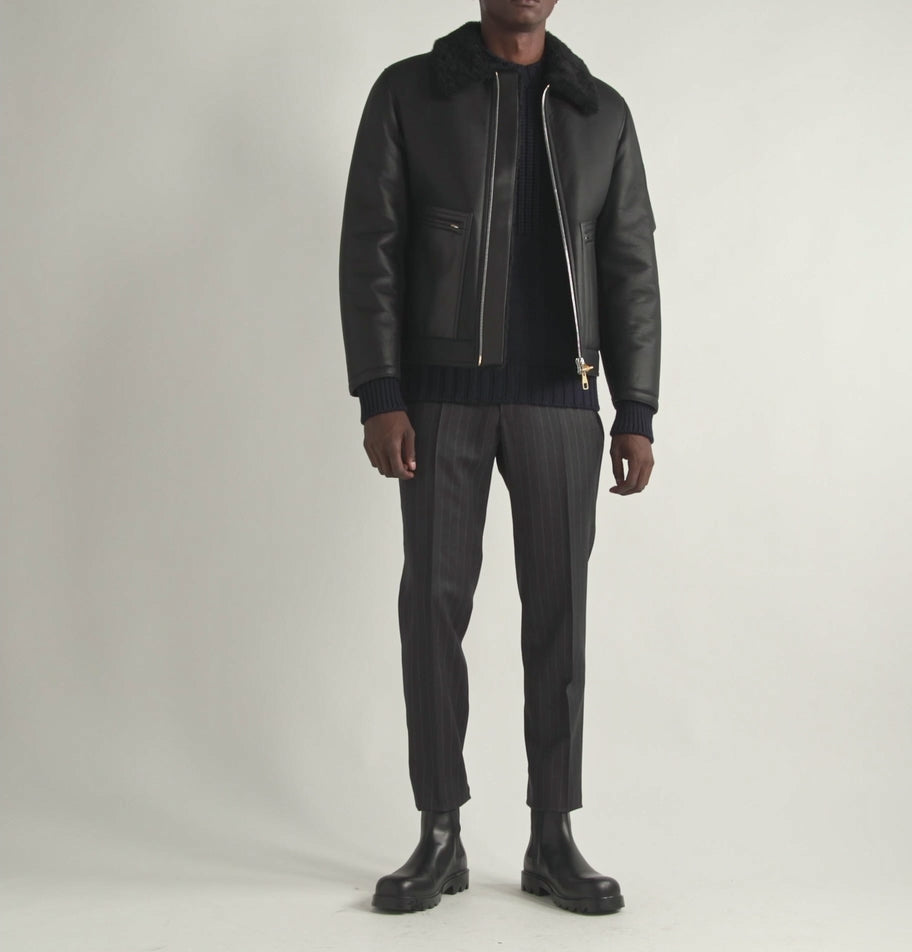 Sheepskin Flying Aviator Pilot RAF Black Fur Collar Shearling Leather Jacket