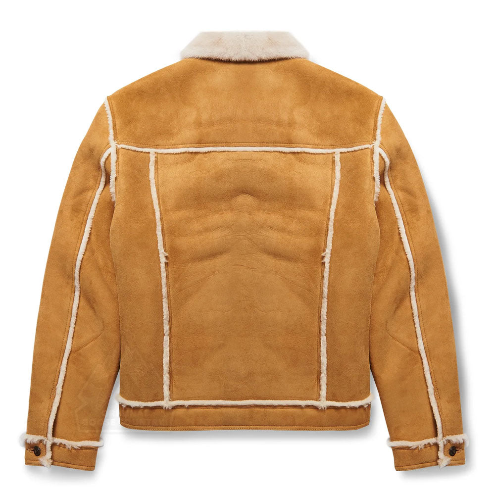 Back View of Men's Brown Sheepskin B3 Styled Shearling Jacket with Fur Collar