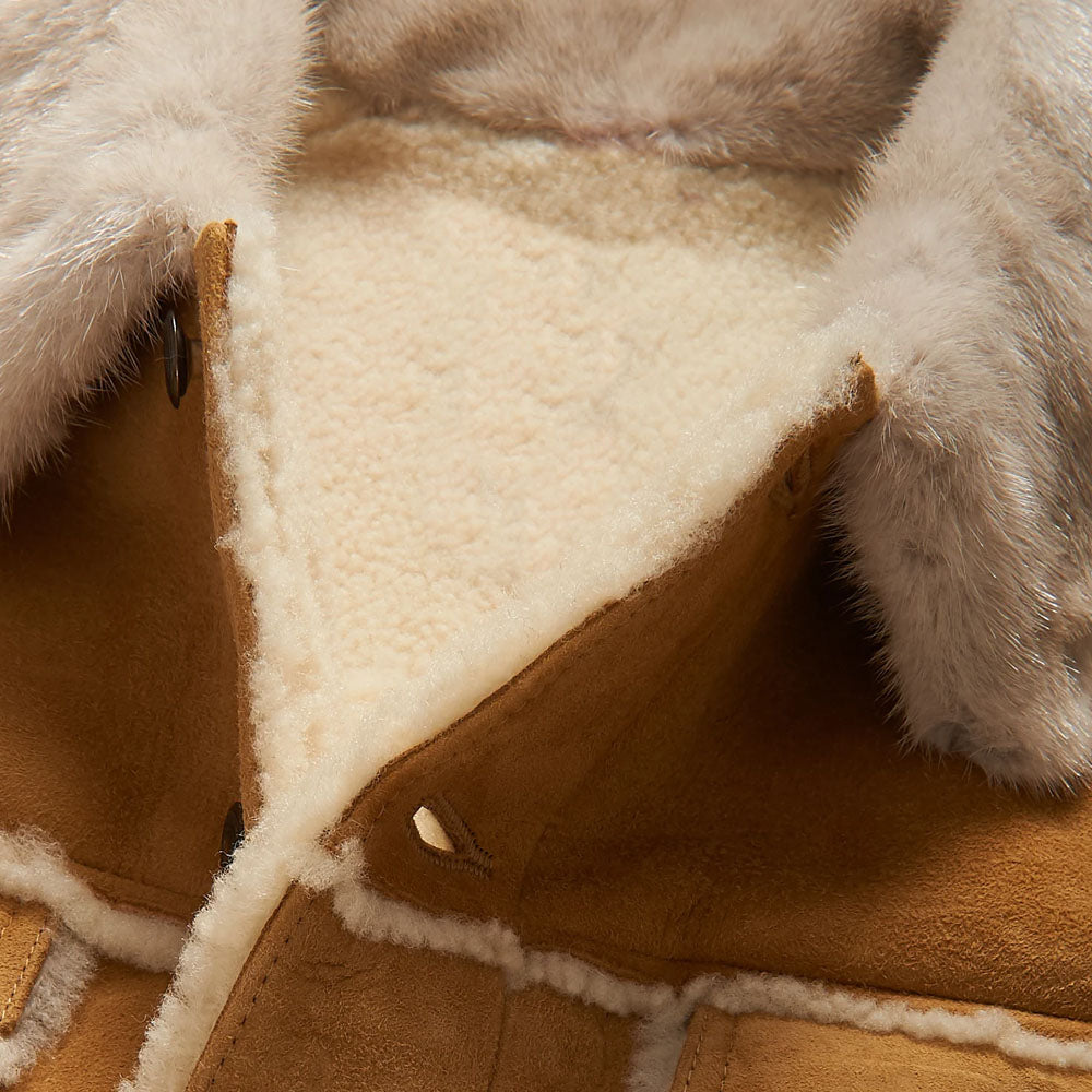 Close-up of the Luxurious Fur Collar on Men's Brown Sheepskin B3 Shearling Jacket