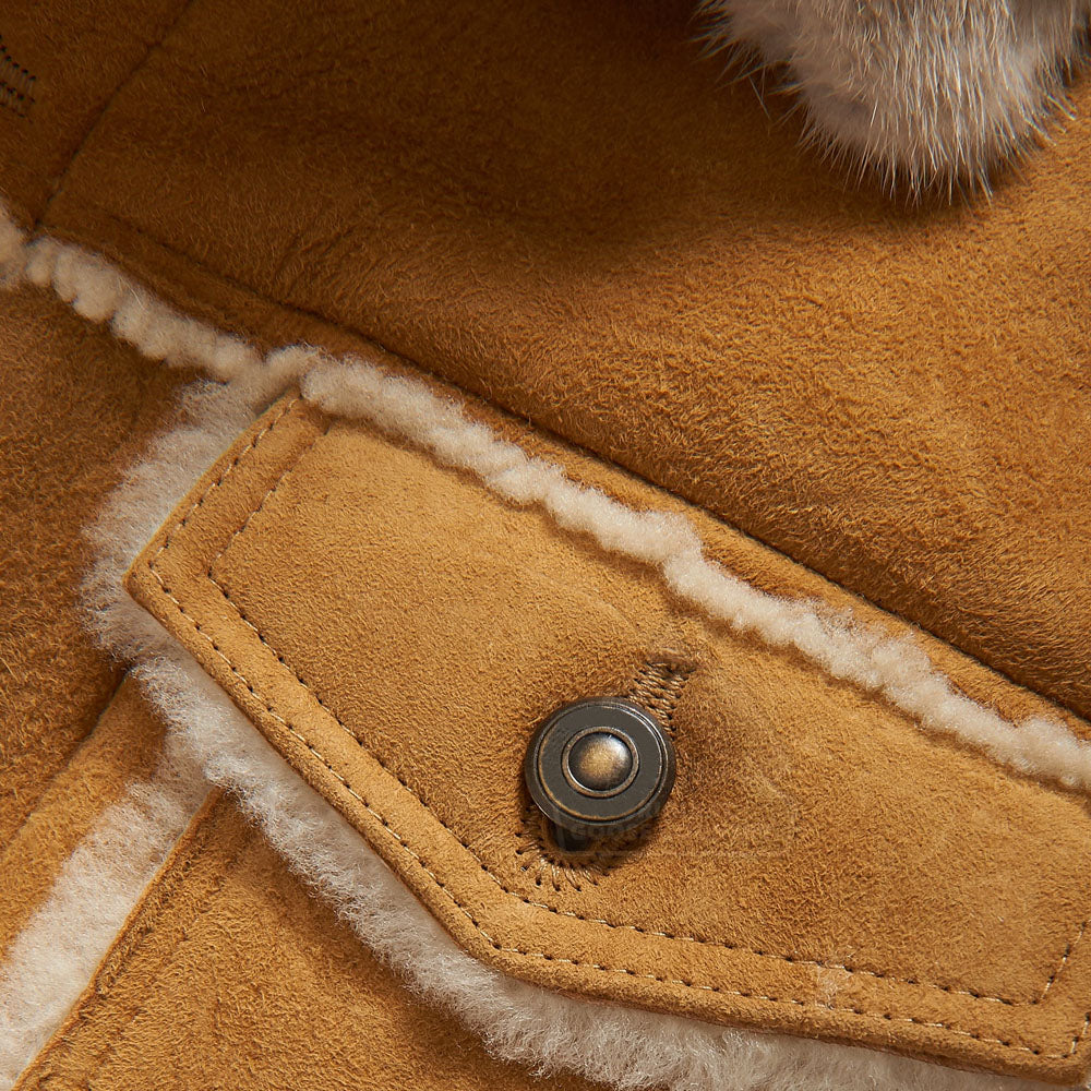 Close-up of Trucker-Style Button Pocket on Men's Brown Sheepskin B3 Shearling Jacket