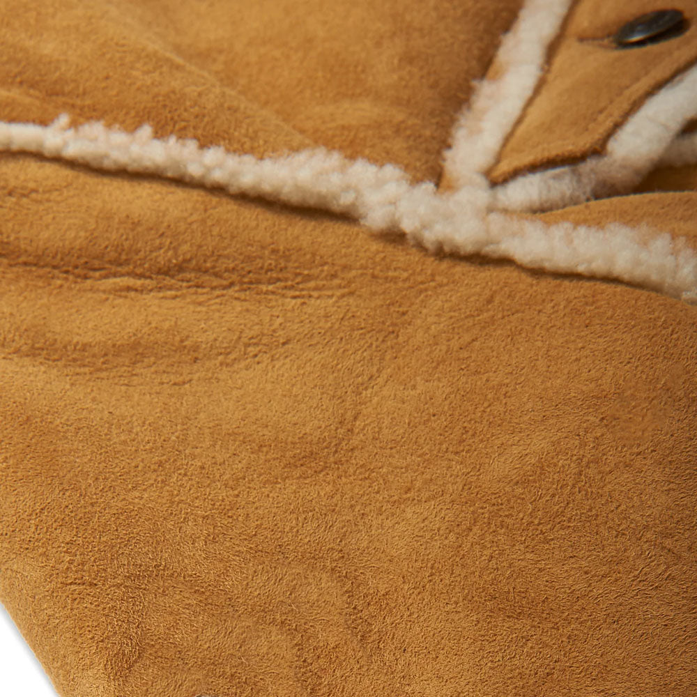 Close-up of Soft Suede Leather Texture on Men's Brown Sheepskin B3 Shearling Jacket