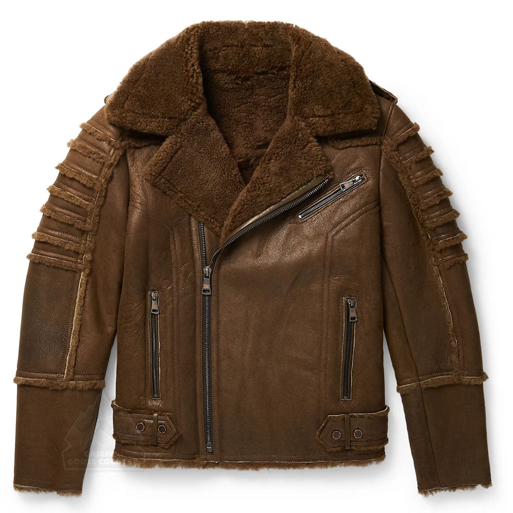 Men's Brown Aviator Styled Sheepskin Fur Moto Flight Shearling Leather Jacket
