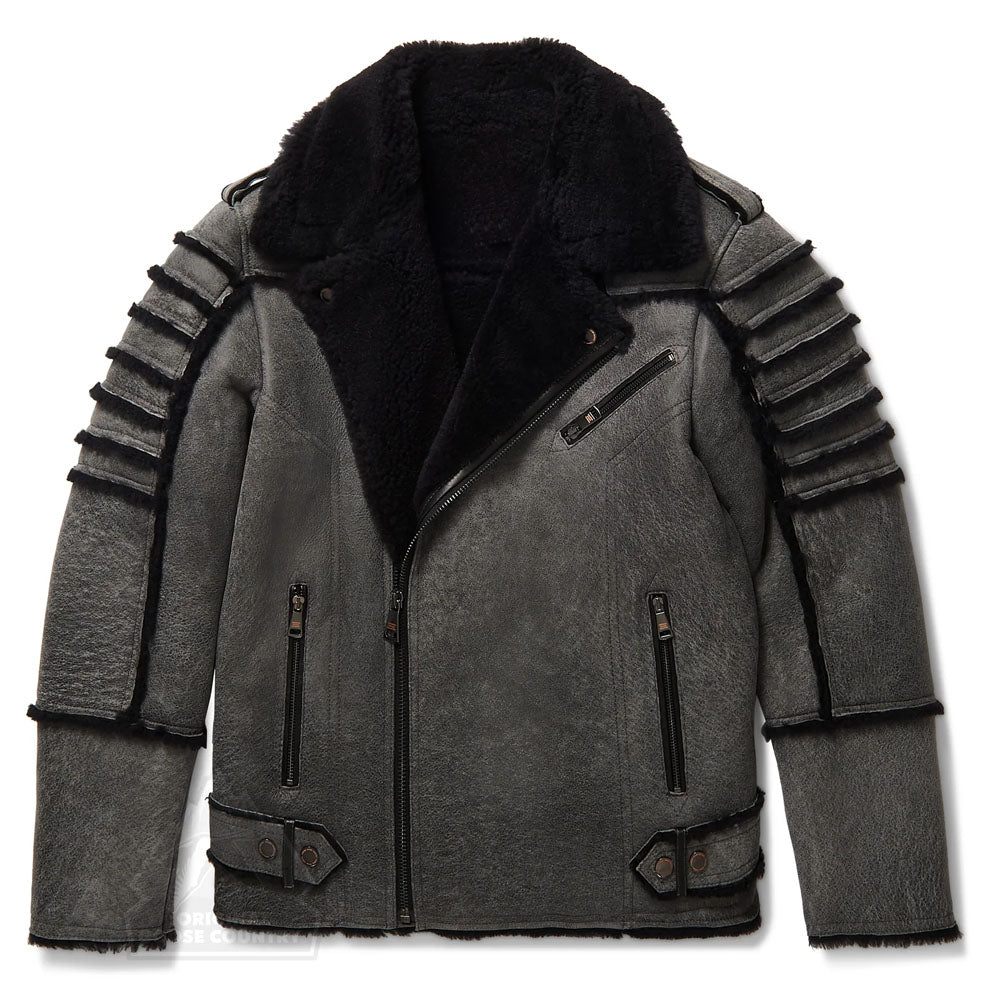 Men Gray B3 Flight Shearling Fur Collar Aviator RAF Sheepskin Leather Jacket