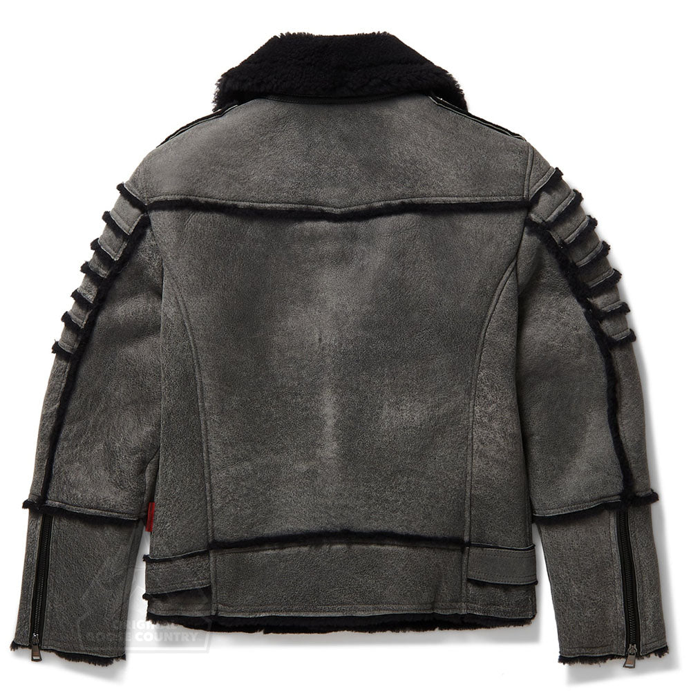 Men Gray B3 Flight Shearling Fur Collar Aviator Sheepskin Leather Jacket