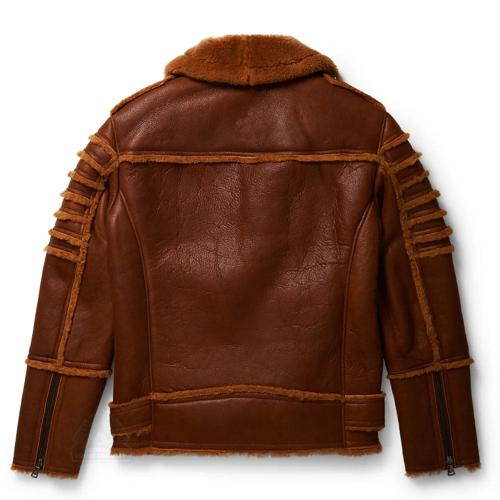 Men Brown Sheepskin B3 Aviator Moto Shearling Leather Jacket