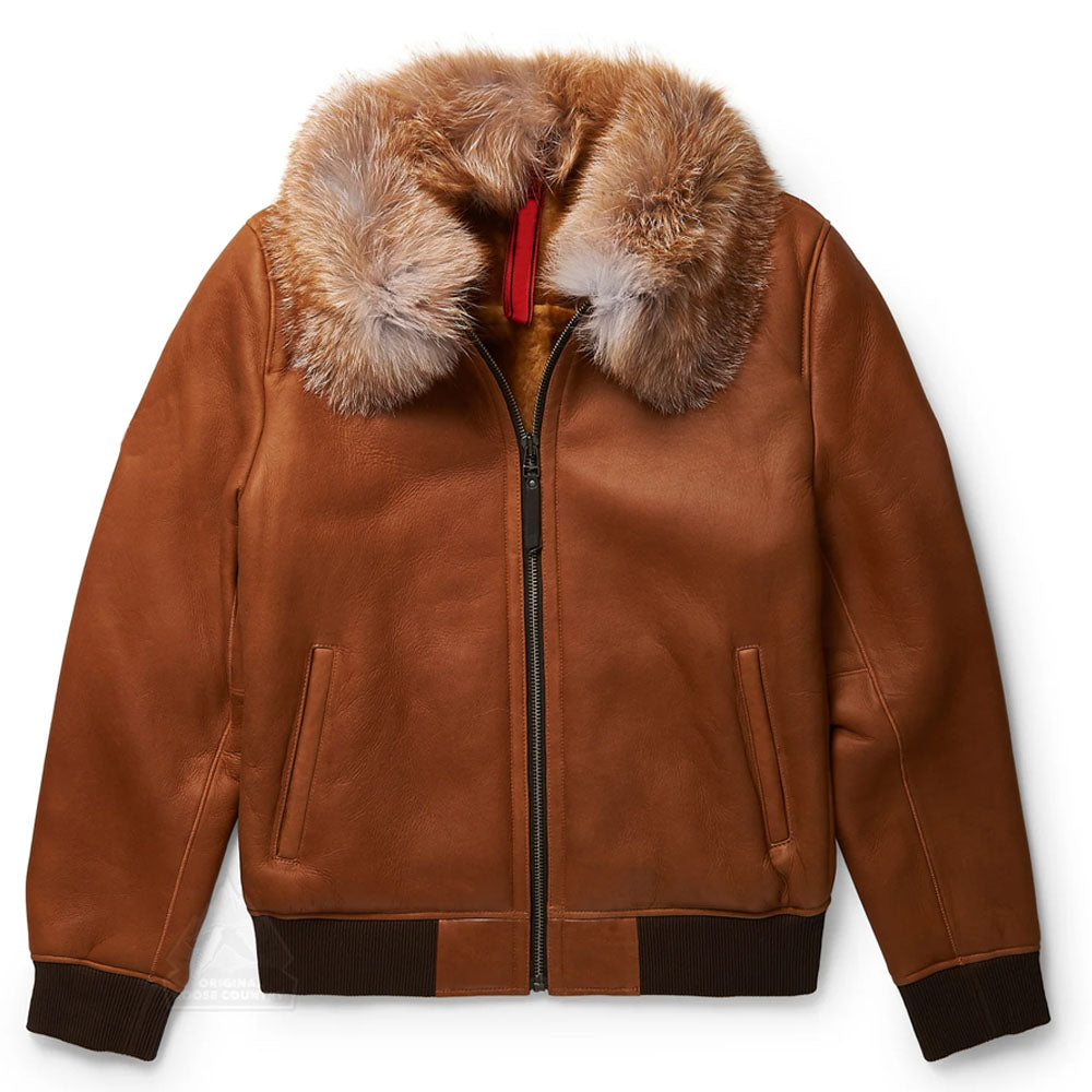Men Brown Bomber Aviator Sheepskin Fur Collar B3 Leather Jacket